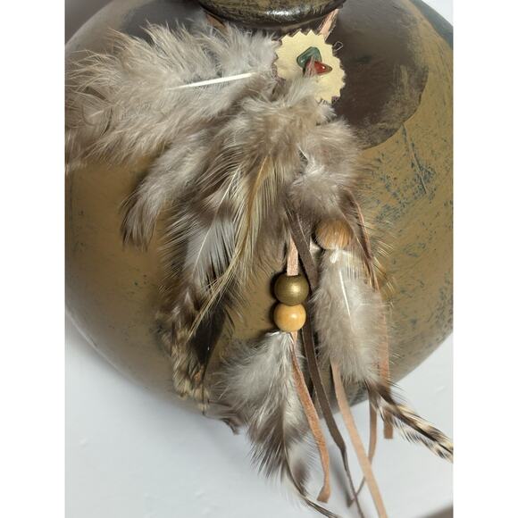 Hand Painted Ceramic Jug Indian Chief Leather Straps Feathers & Beads 7.5"H - Picture 9 of 16